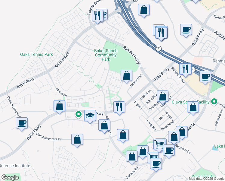 map of restaurants, bars, coffee shops, grocery stores, and more near 32 Lantana in Lake Forest