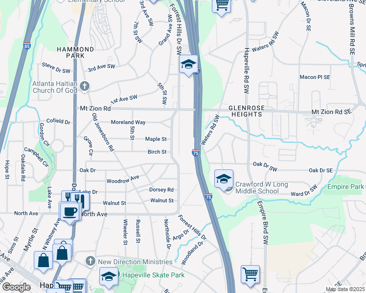 map of restaurants, bars, coffee shops, grocery stores, and more near 3045 Commerce Way in Hapeville