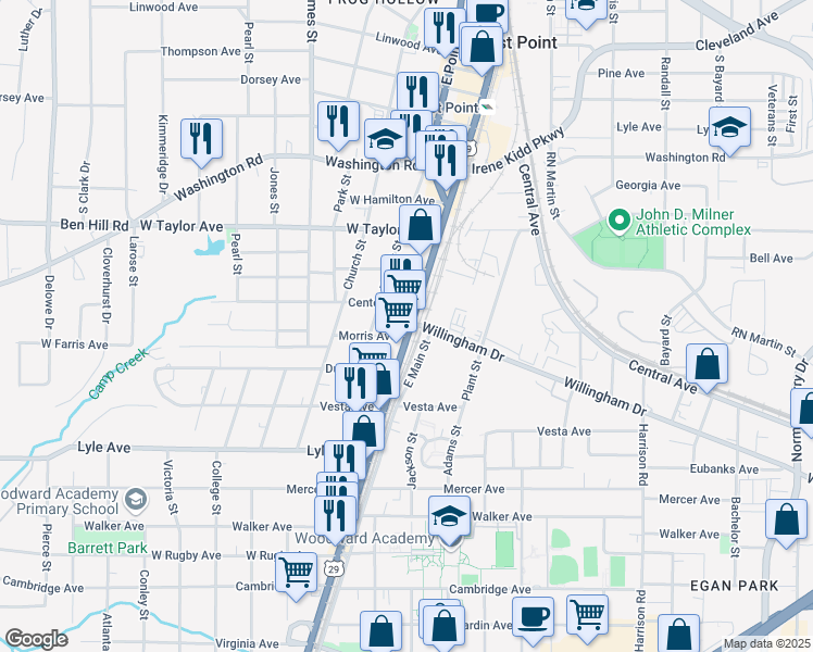 map of restaurants, bars, coffee shops, grocery stores, and more near 2848 East Main Street in East Point