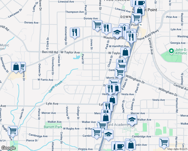 map of restaurants, bars, coffee shops, grocery stores, and more near 1821 Phillips Avenue in East Point