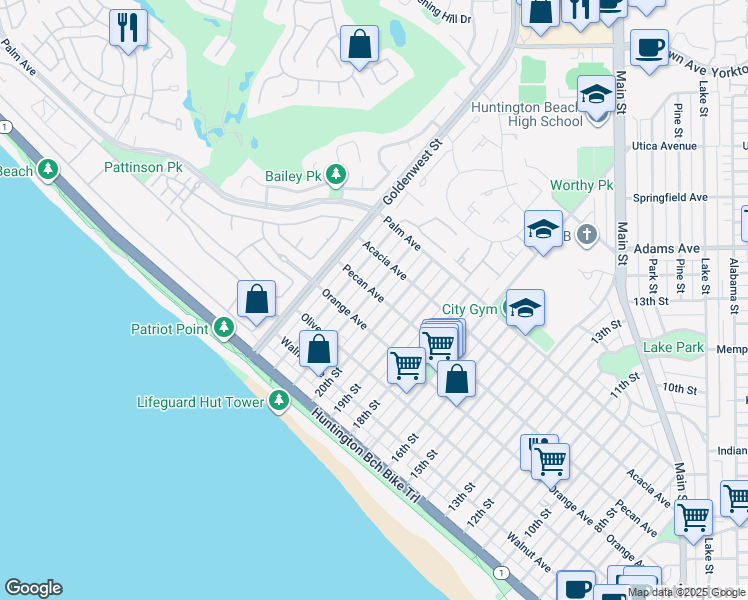 map of restaurants, bars, coffee shops, grocery stores, and more near 426 21st Street in Huntington Beach