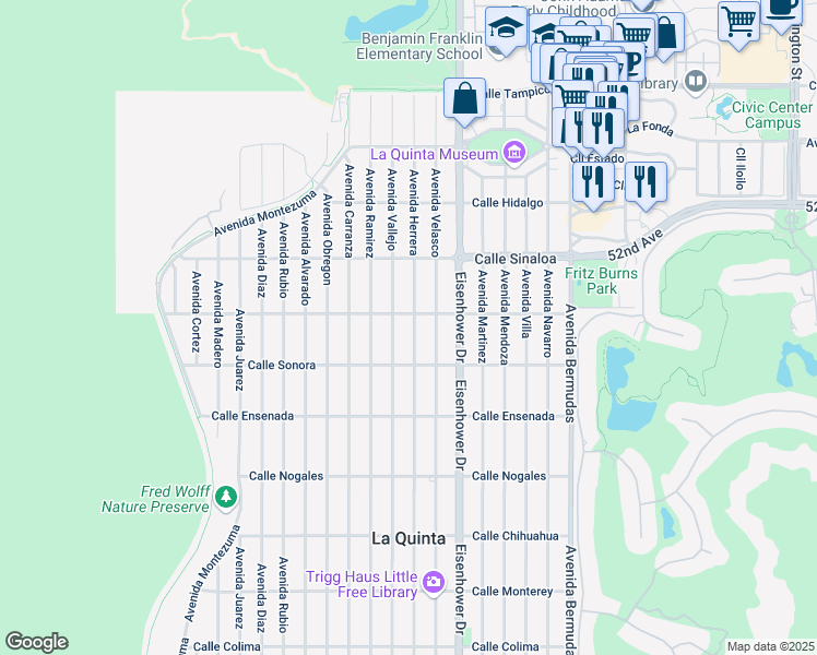 map of restaurants, bars, coffee shops, grocery stores, and more near 52085 Avenue Herrera in La Quinta