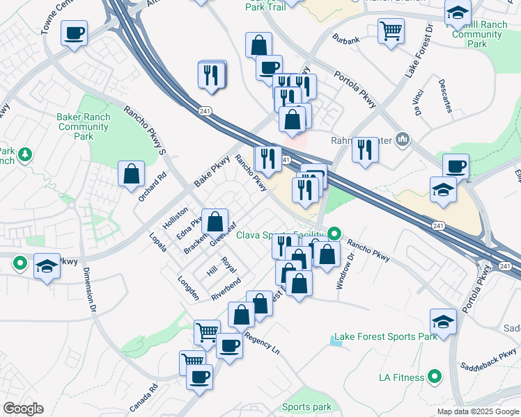 map of restaurants, bars, coffee shops, grocery stores, and more near 201 Wild Flower in Lake Forest