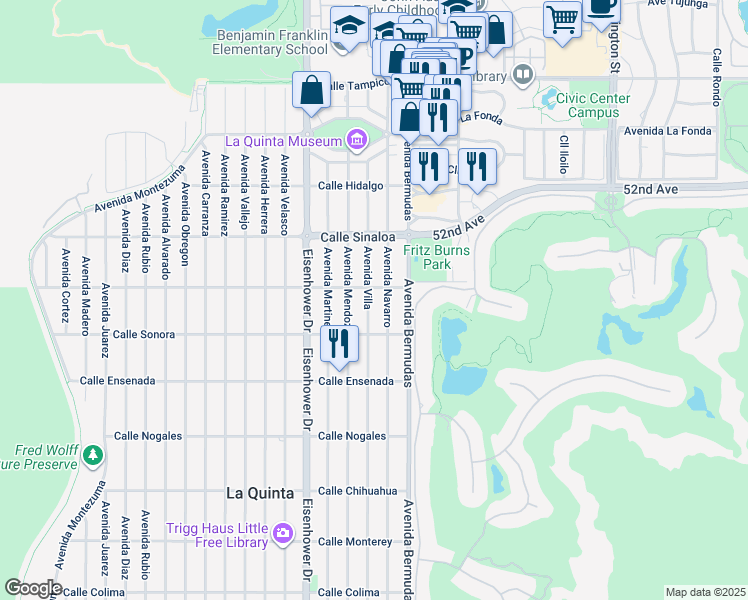 map of restaurants, bars, coffee shops, grocery stores, and more near 52060 Avenue Villa in La Quinta