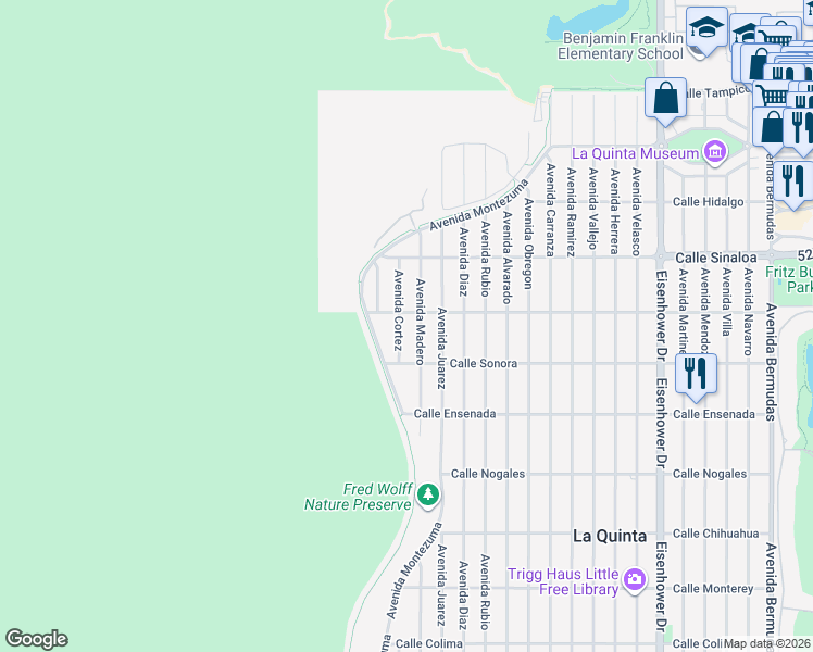map of restaurants, bars, coffee shops, grocery stores, and more near 52011 Avenue Madero in La Quinta
