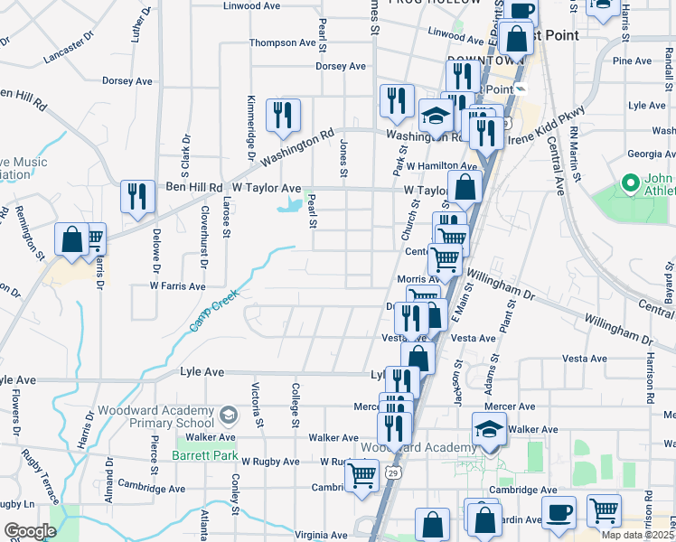 map of restaurants, bars, coffee shops, grocery stores, and more near 1849 Phillips Avenue in East Point