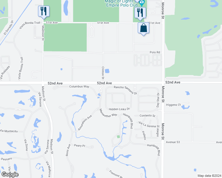 map of restaurants, bars, coffee shops, grocery stores, and more near 81579 Rancho Santana Drive in La Quinta