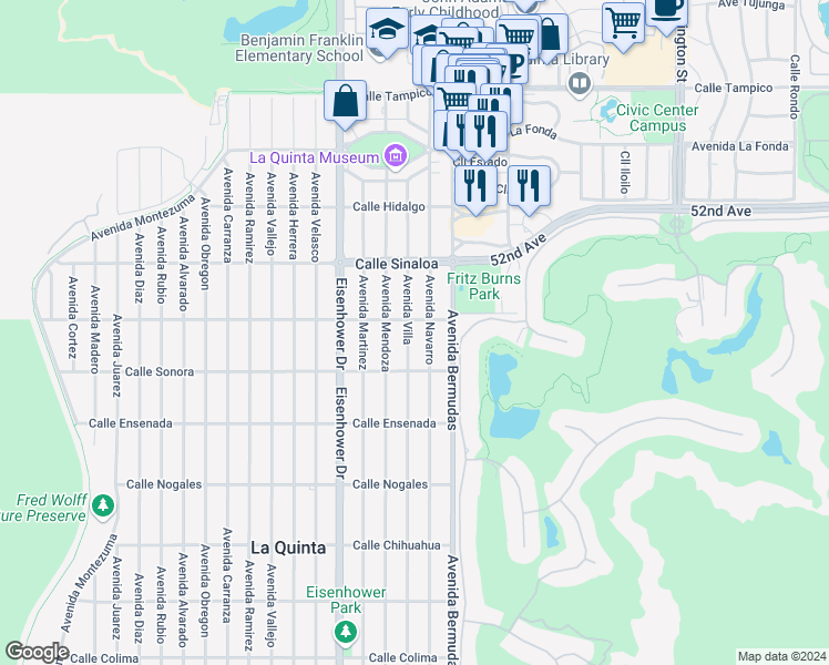 map of restaurants, bars, coffee shops, grocery stores, and more near 52060 Avenue Villa in La Quinta