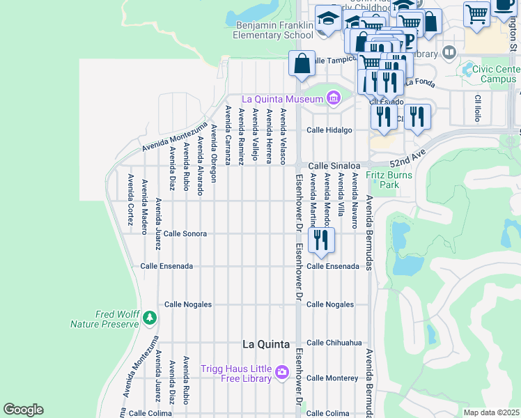 map of restaurants, bars, coffee shops, grocery stores, and more near 52025 Avenue Herrera in La Quinta