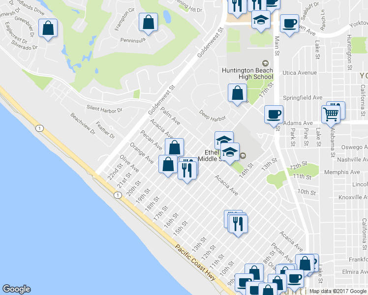 map of restaurants, bars, coffee shops, grocery stores, and more near 601 19th Street in Huntington Beach