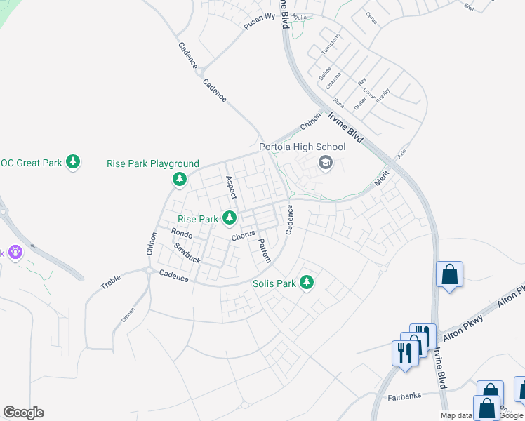 map of restaurants, bars, coffee shops, grocery stores, and more near 272 Merit in Irvine