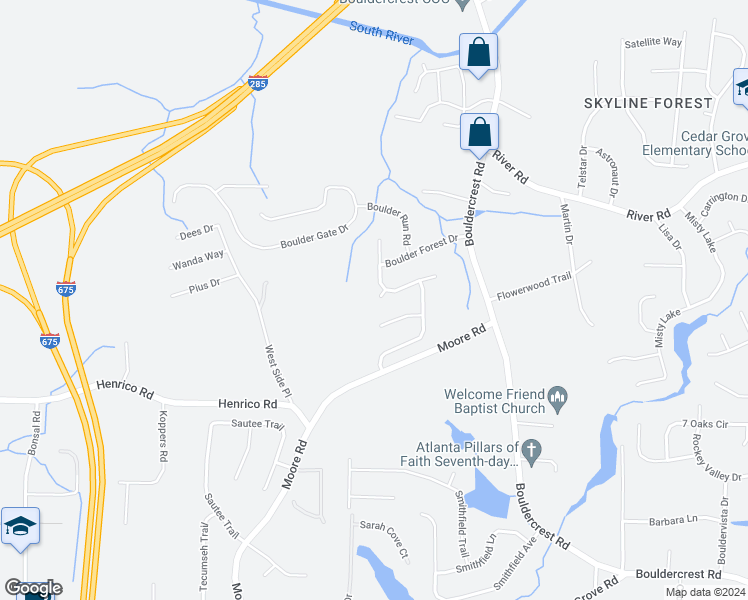 map of restaurants, bars, coffee shops, grocery stores, and more near 3829 Boulder Knoll Court in Ellenwood