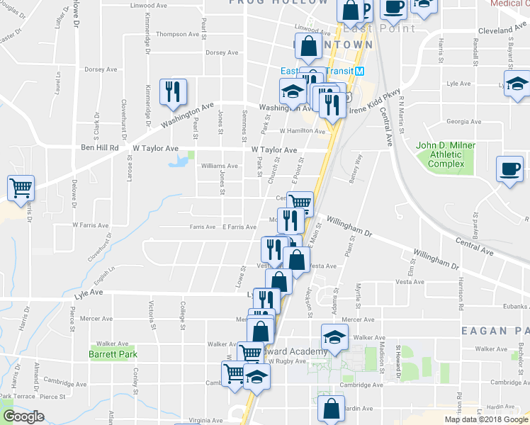 map of restaurants, bars, coffee shops, grocery stores, and more near 3120 Church Street in East Point