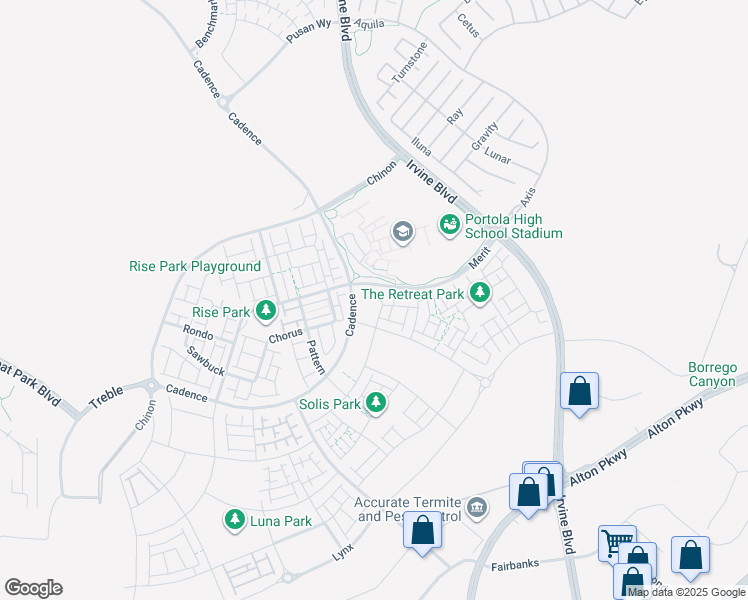map of restaurants, bars, coffee shops, grocery stores, and more near C Street in Irvine
