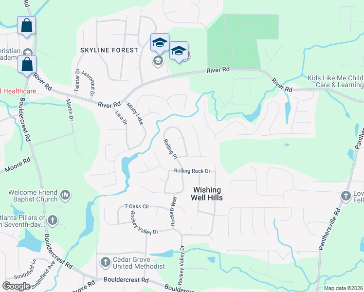 map of restaurants, bars, coffee shops, grocery stores, and more near 3694 Rolling Place in Conley