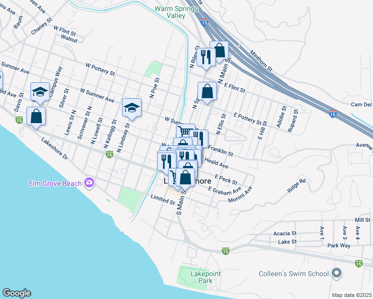 map of restaurants, bars, coffee shops, grocery stores, and more near 217 North Main Street in Lake Elsinore