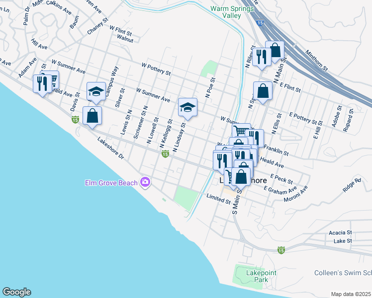map of restaurants, bars, coffee shops, grocery stores, and more near 116 North Lindsay Street in Lake Elsinore