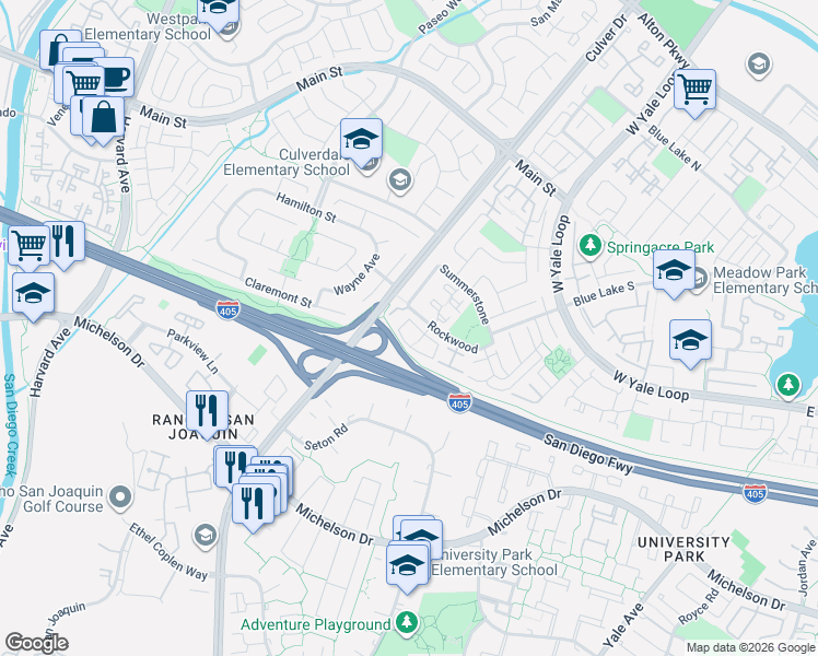 map of restaurants, bars, coffee shops, grocery stores, and more near 165 Fairside in Irvine