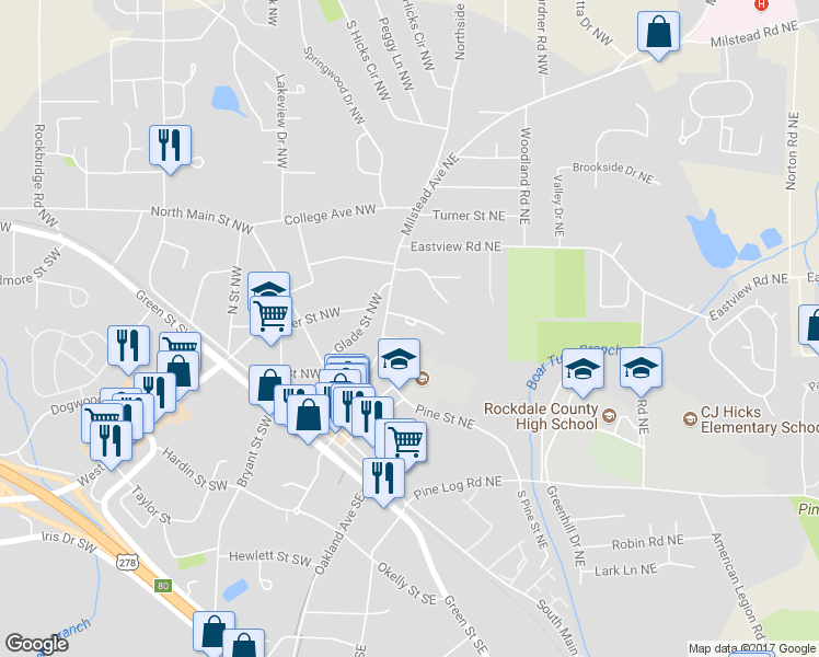map of restaurants, bars, coffee shops, grocery stores, and more near 973 Locust Drive Northeast in Conyers