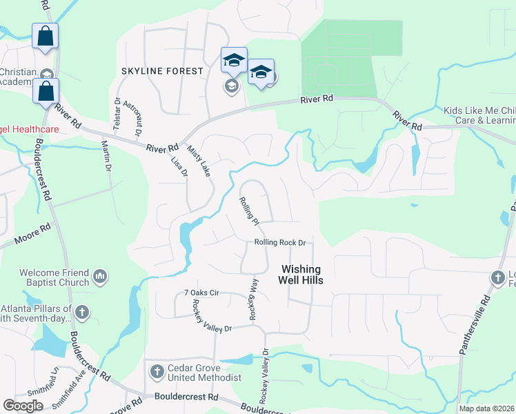 map of restaurants, bars, coffee shops, grocery stores, and more near 3694 Rolling Place in Conley
