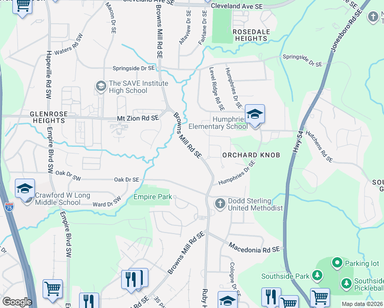 map of restaurants, bars, coffee shops, grocery stores, and more near 3102 Browns Mill Road Southeast in Atlanta