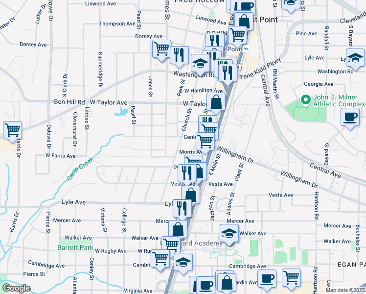map of restaurants, bars, coffee shops, grocery stores, and more near 3120 Church Street in East Point