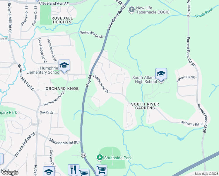 map of restaurants, bars, coffee shops, grocery stores, and more near 594 Waynes Court Southeast in Atlanta