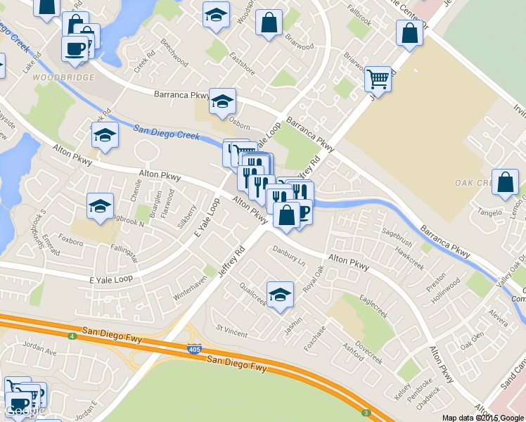 map of restaurants, bars, coffee shops, grocery stores, and more near 5465 Alton Parkway in Irvine