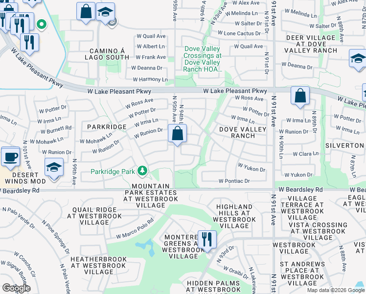 map of restaurants, bars, coffee shops, grocery stores, and more near 9457 West Mary Ann Drive in Peoria