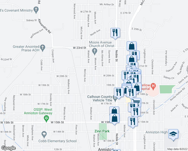 map of restaurants, bars, coffee shops, grocery stores, and more near 320 West 20th Street in Anniston