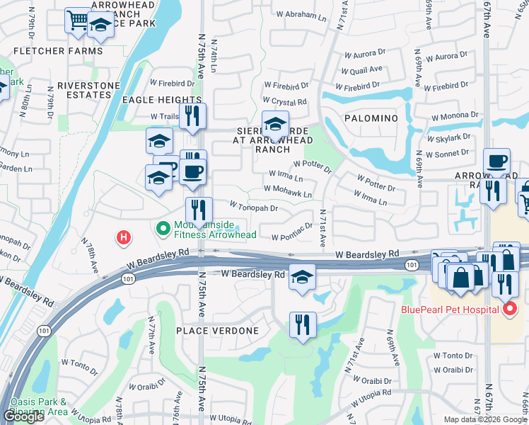 map of restaurants, bars, coffee shops, grocery stores, and more near 7405 West Tonopah Drive in Glendale