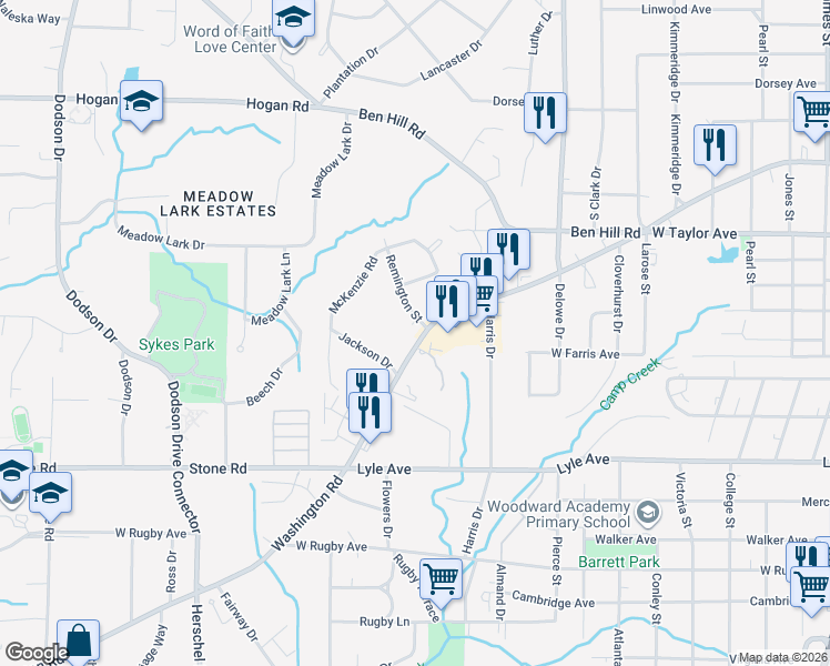 map of restaurants, bars, coffee shops, grocery stores, and more near 3131 Washington Road in East Point