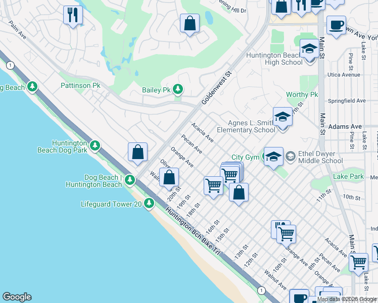 map of restaurants, bars, coffee shops, grocery stores, and more near 415 21st Street in Huntington Beach