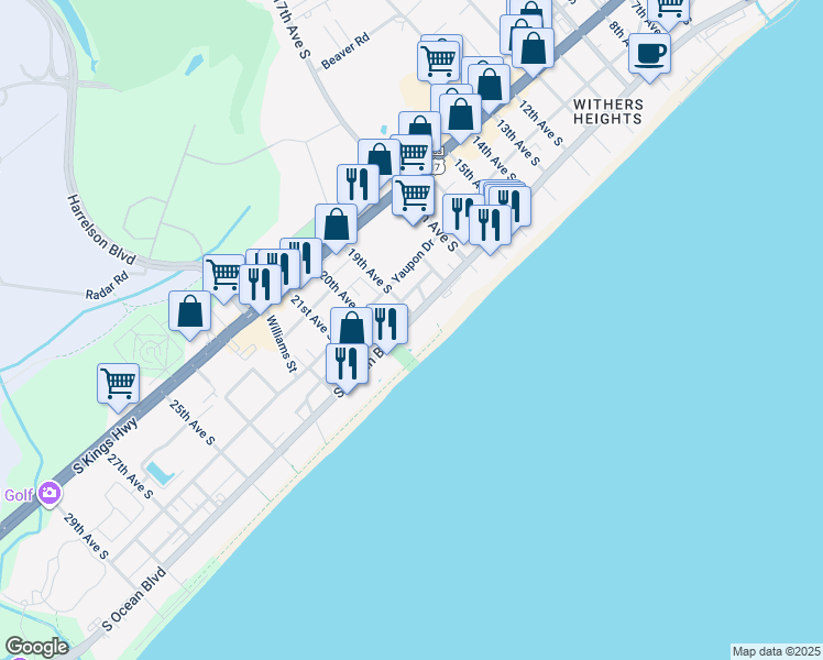 map of restaurants, bars, coffee shops, grocery stores, and more near 1903 South Ocean Boulevard in Myrtle Beach