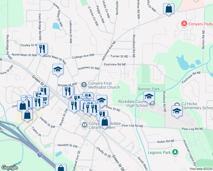 map of restaurants, bars, coffee shops, grocery stores, and more near 989 Locust Drive Northeast in Conyers