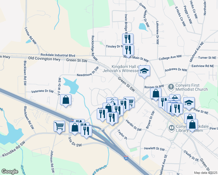 map of restaurants, bars, coffee shops, grocery stores, and more near 2122 Appaloosa Way in Conyers