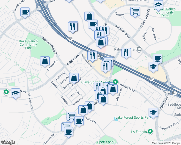map of restaurants, bars, coffee shops, grocery stores, and more near 211 Wild Flower in Lake Forest
