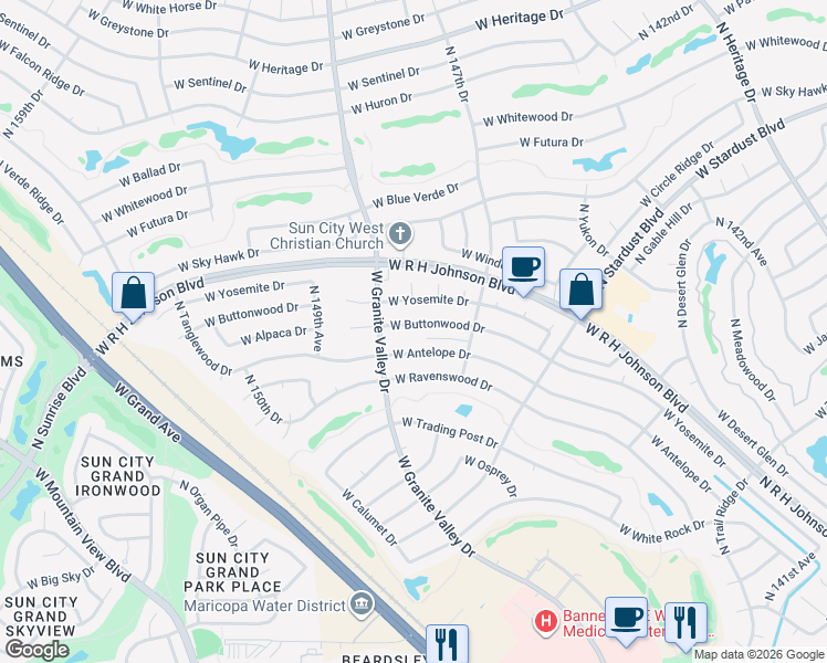 map of restaurants, bars, coffee shops, grocery stores, and more near 14739 West Buttonwood Drive in Sun City West