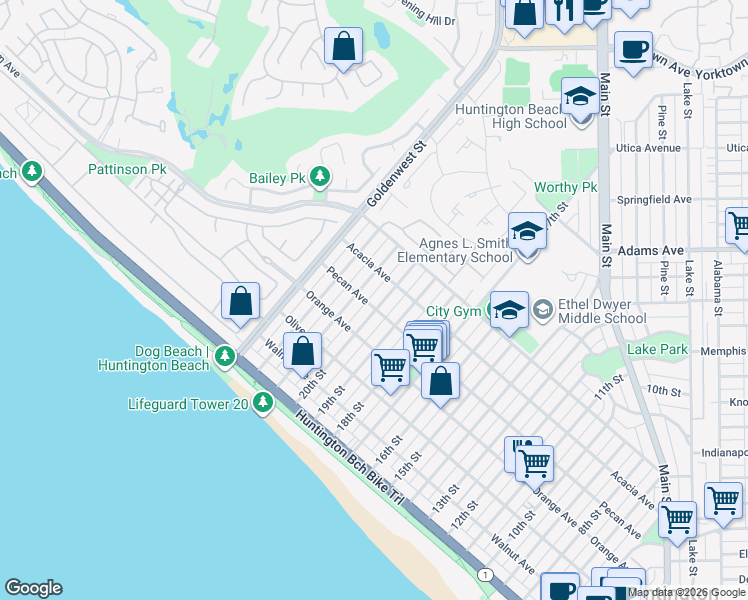 map of restaurants, bars, coffee shops, grocery stores, and more near 505 20th Street in Huntington Beach
