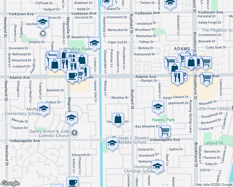 map of restaurants, bars, coffee shops, grocery stores, and more near 20121 Moontide Circle in Huntington Beach