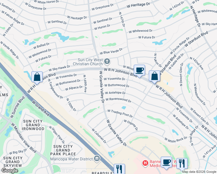 map of restaurants, bars, coffee shops, grocery stores, and more near 14739 West Buttonwood Drive in Sun City West