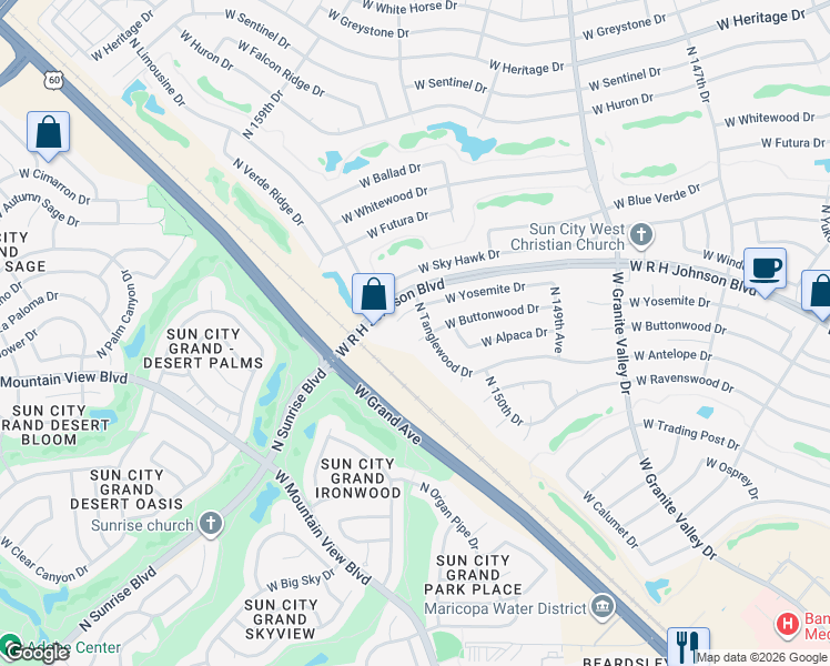 map of restaurants, bars, coffee shops, grocery stores, and more near 15022 West Buttonwood Drive in Sun City West