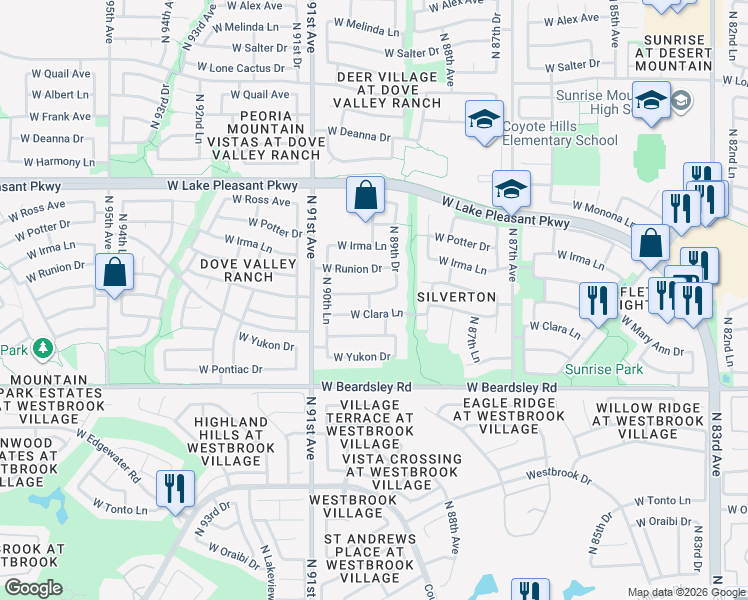 map of restaurants, bars, coffee shops, grocery stores, and more near 8995 West Mary Ann Drive in Peoria