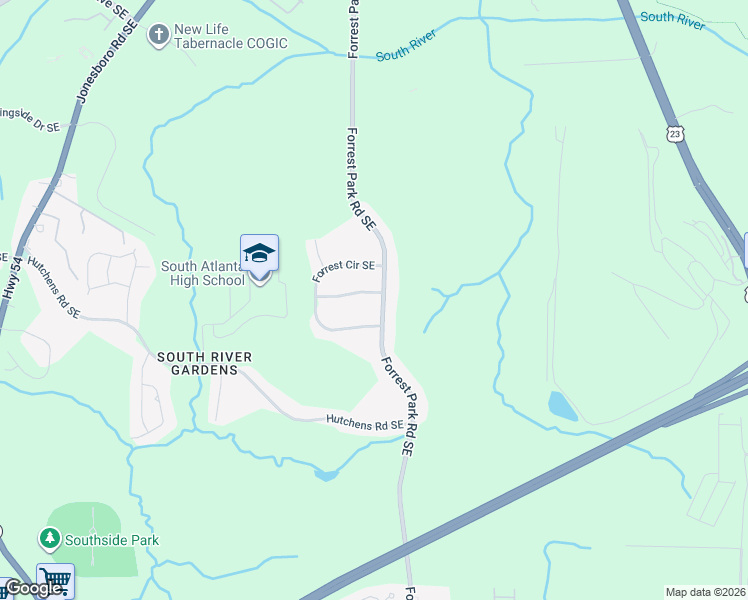 map of restaurants, bars, coffee shops, grocery stores, and more near 3075 Forrest Park Road Southeast in Atlanta