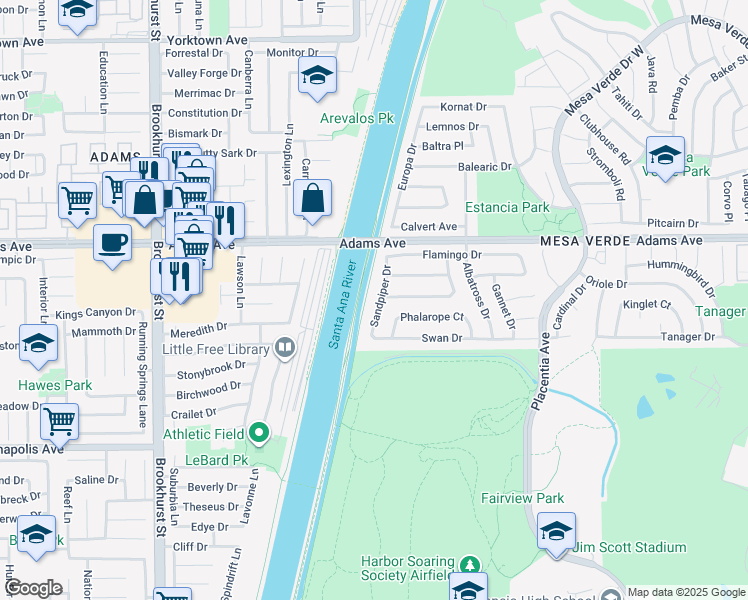 map of restaurants, bars, coffee shops, grocery stores, and more near 2741 Sandpiper Drive in Costa Mesa