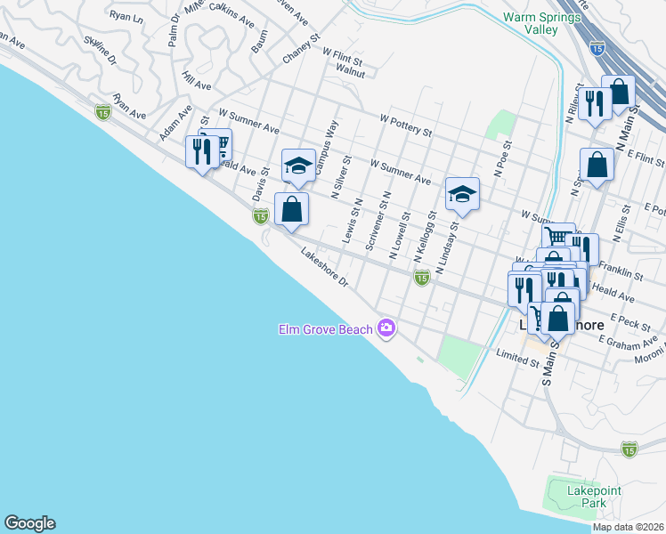 map of restaurants, bars, coffee shops, grocery stores, and more near 111 Lewis Street South in Lake Elsinore