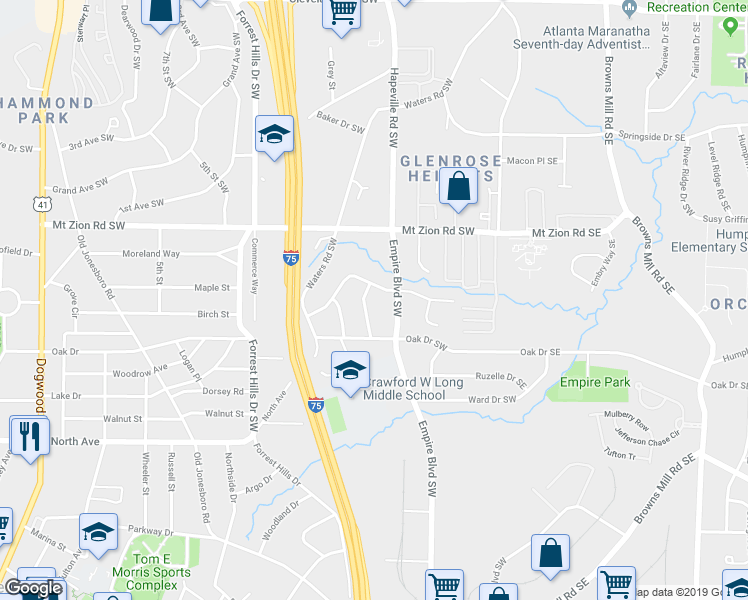 map of restaurants, bars, coffee shops, grocery stores, and more near 3086 Lone Oak Avenue Southwest in Atlanta