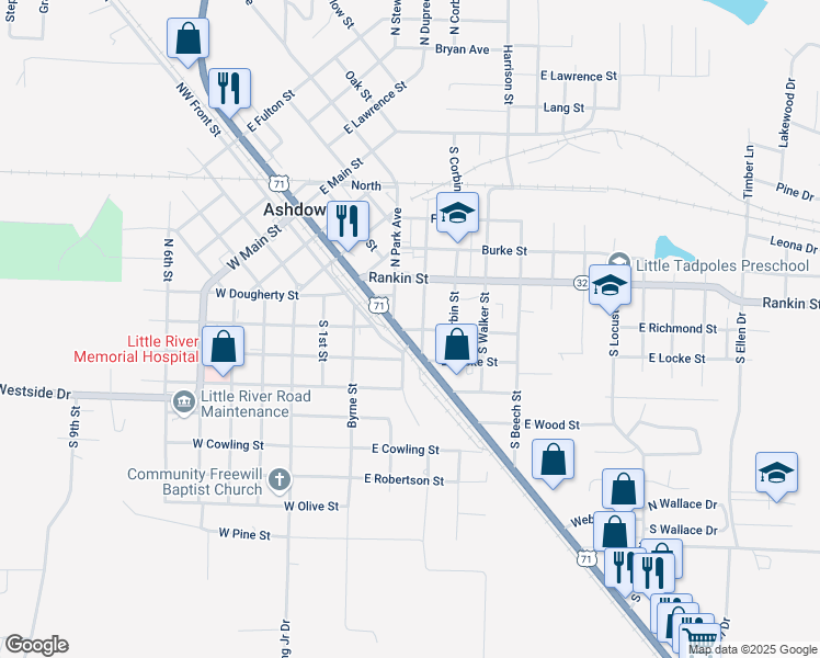 map of restaurants, bars, coffee shops, grocery stores, and more near 207-225 South Constitution Avenue in Ashdown