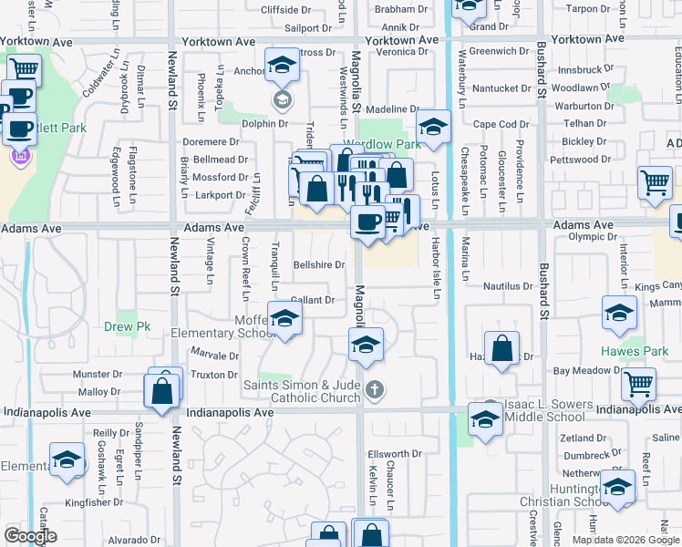 map of restaurants, bars, coffee shops, grocery stores, and more near 20131 Swansea Lane in Huntington Beach