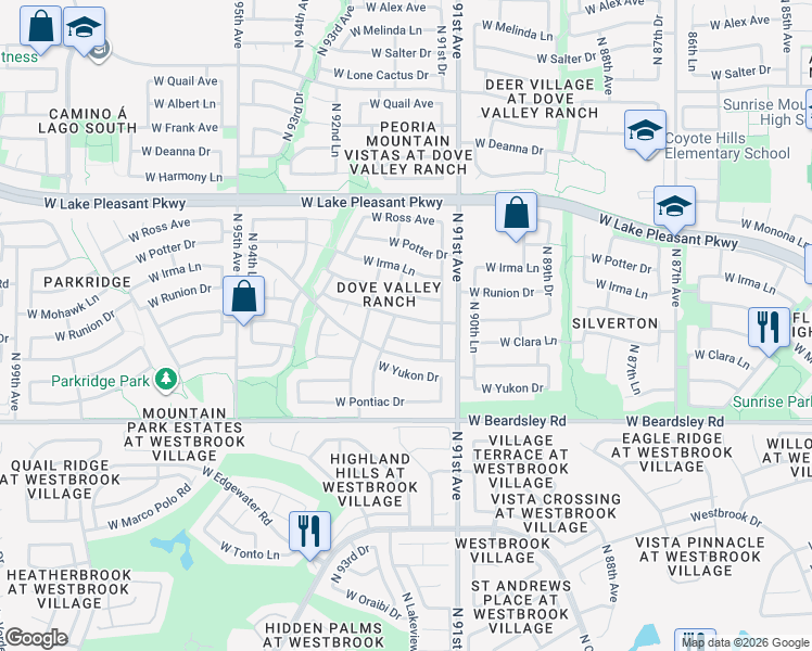 map of restaurants, bars, coffee shops, grocery stores, and more near 9237 West Mary Ann Drive in Peoria